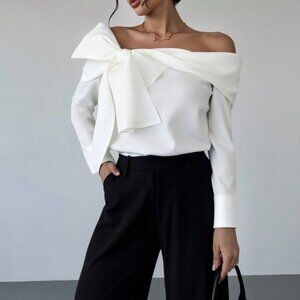 White Elegant Women's Off-Shoulder Bowknot Long Sleeve Blouse